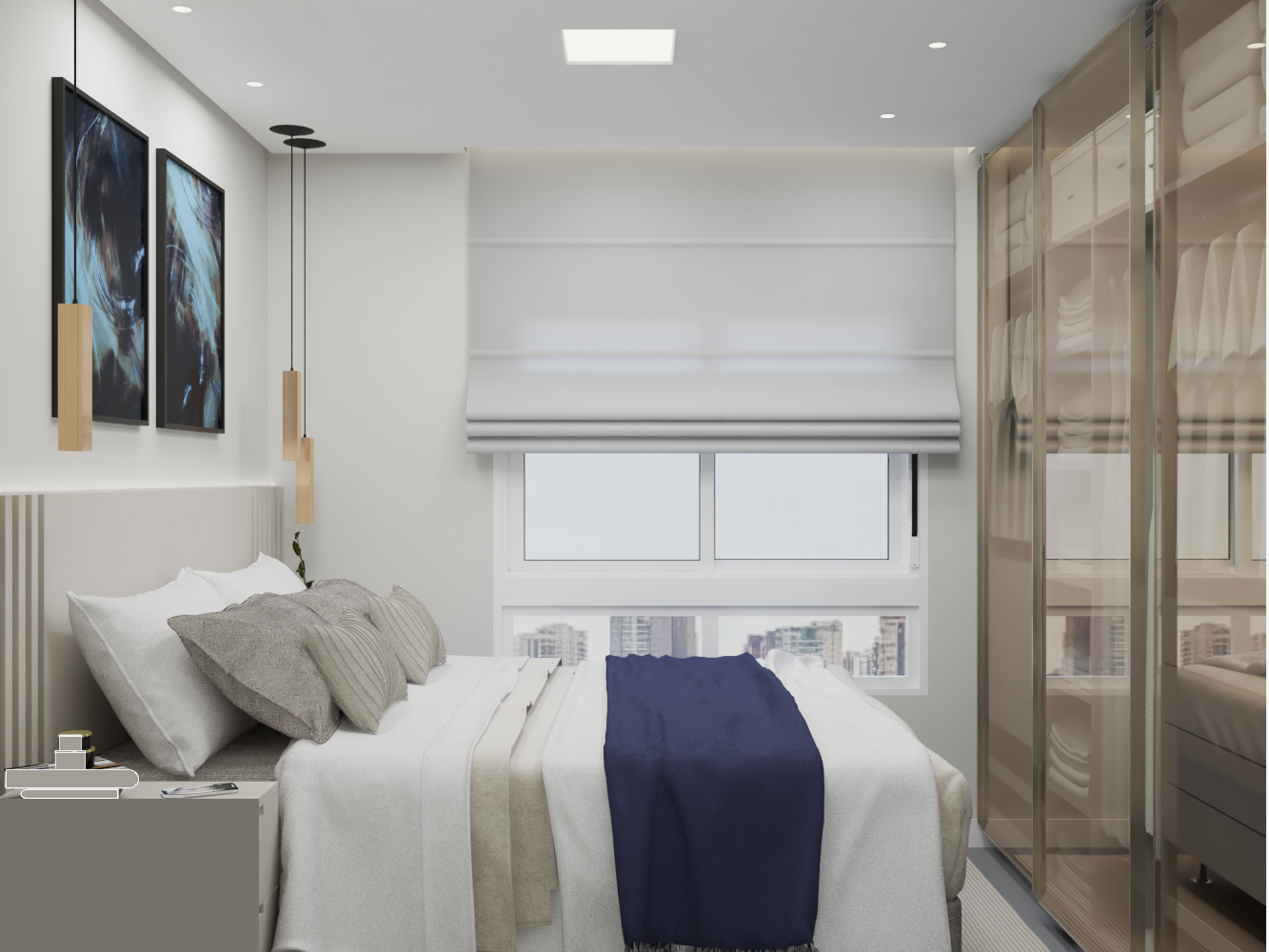 Suíte com cama, iluminação pendente e armários com portas de vidro
