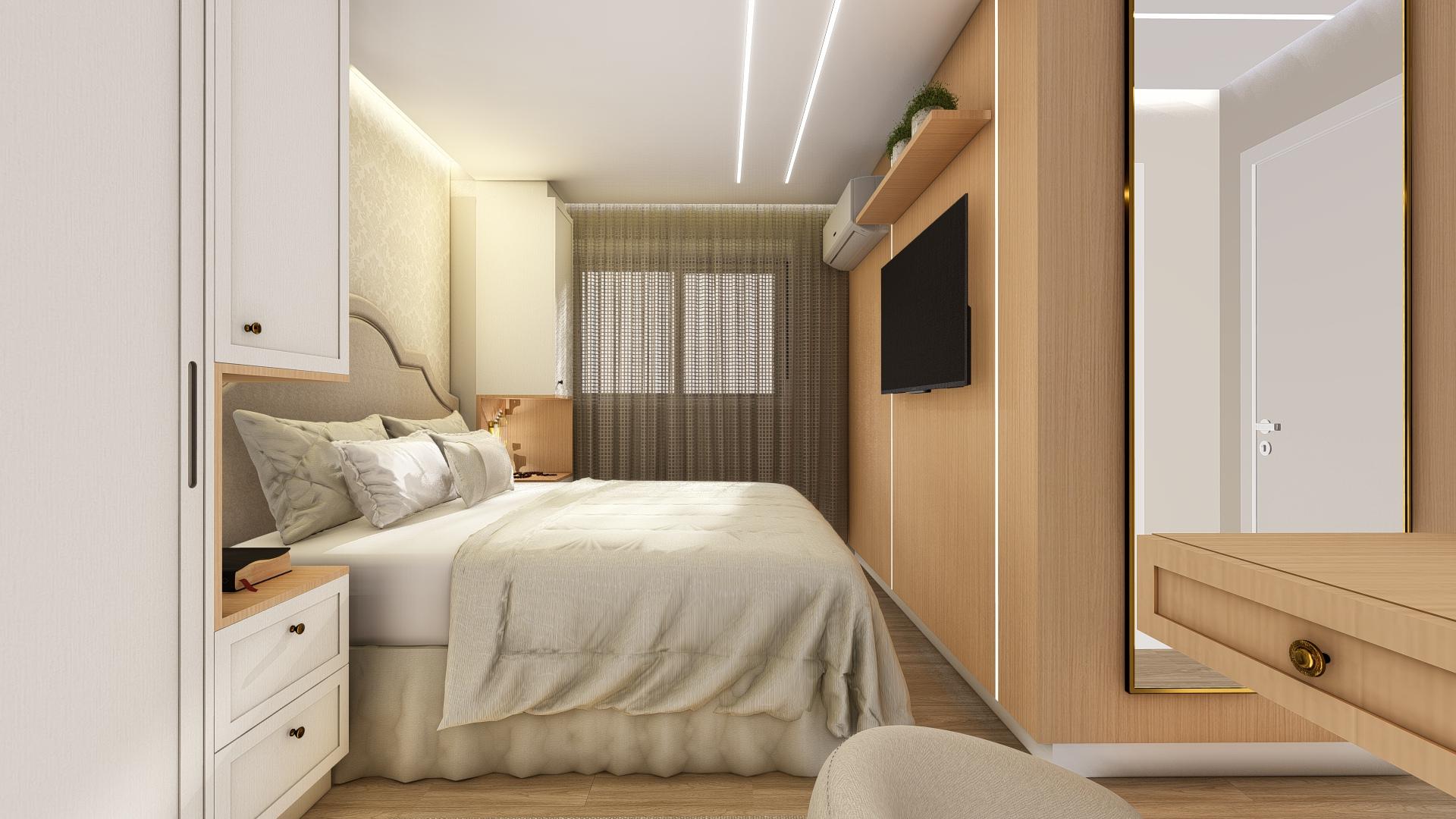 Suíte com marcenaria clara, painel de madeira e iluminação linear
