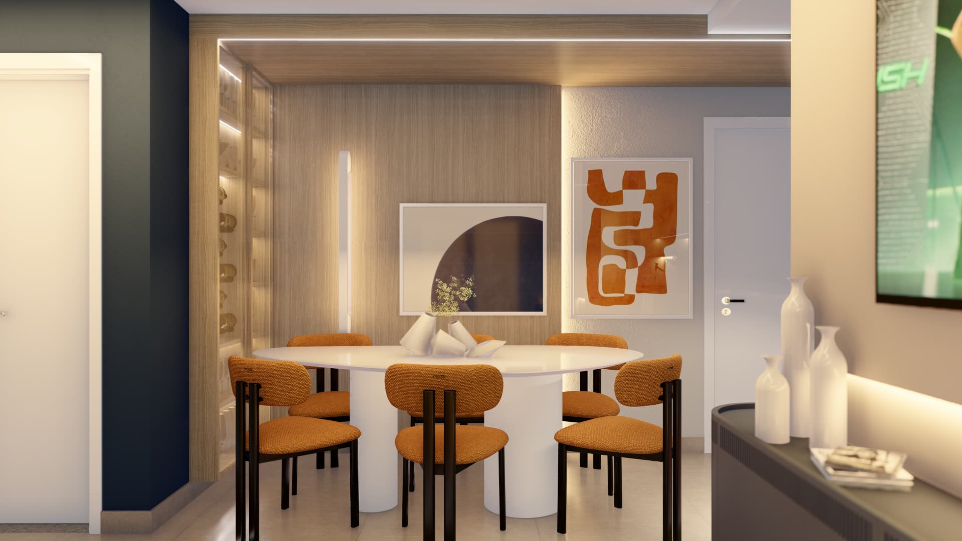 Sala de jantar com mesa oval, cadeiras em terracota e marcenaria de madeira com iluminação quente