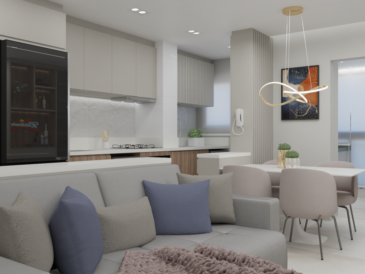 Sala integrada à cozinha e à área de jantar, com tons claros e detalhes em azul