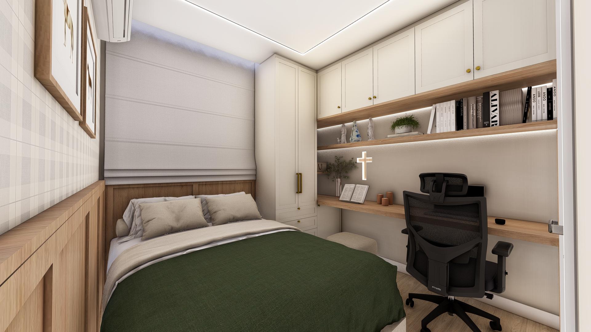 Quarto de hóspedes com cama, bancada de trabalho e marcenaria planejada