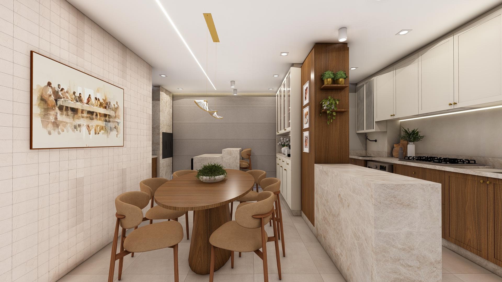 Sala de jantar integrada à cozinha, com mesa oval, bancada em pedra e marcenaria amadeirada