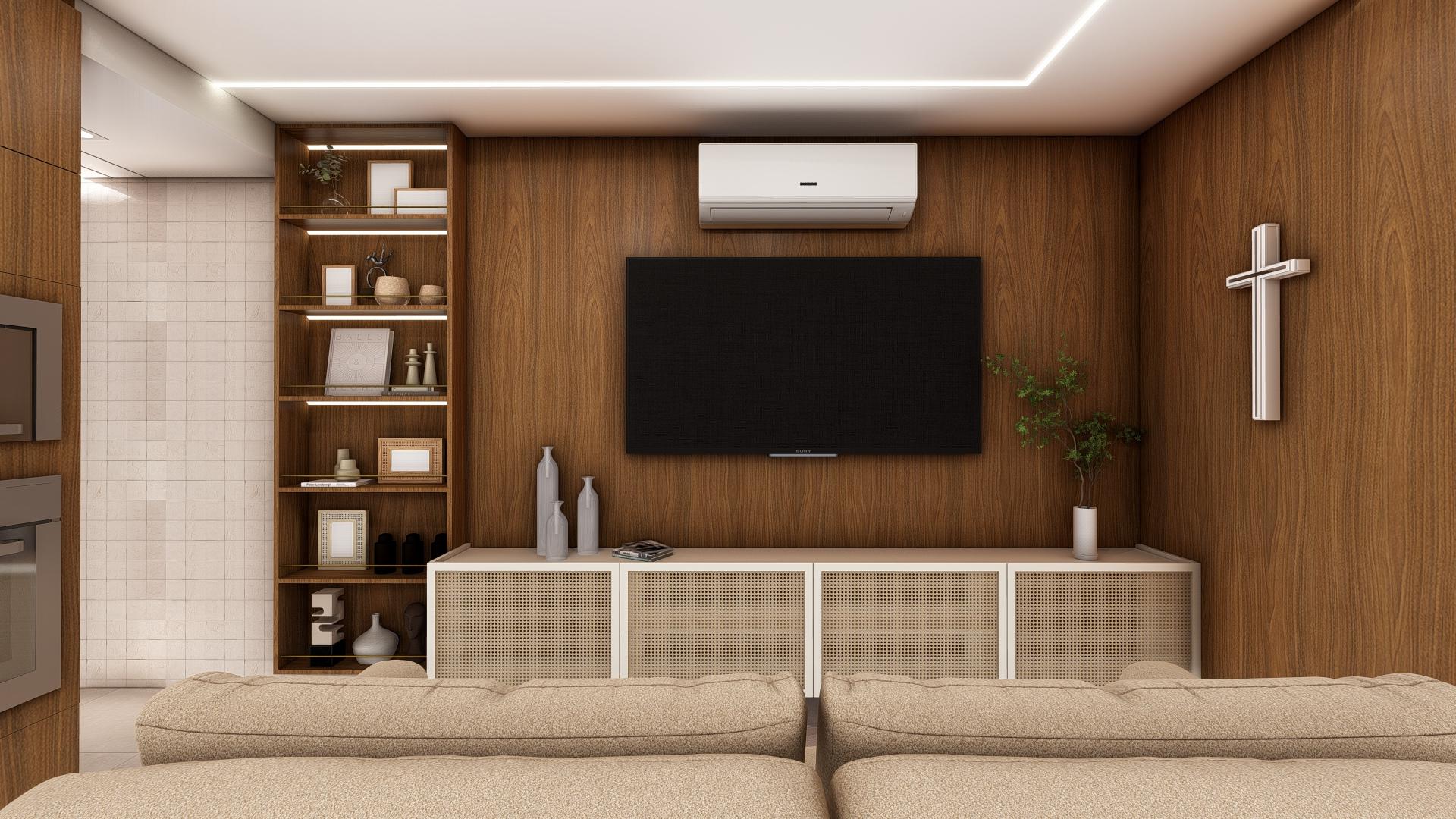 Sala de estar com painel de madeira, estante iluminada e marcenaria com acabamento natural