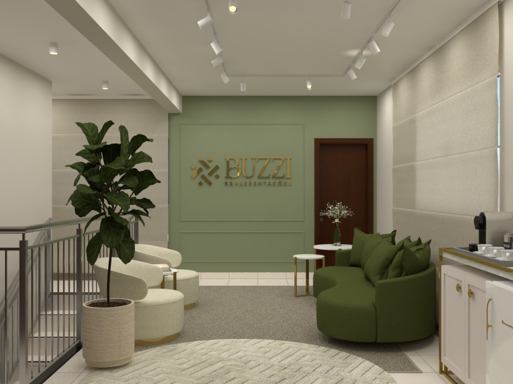 Lounge comercial com sofá verde, poltronas e parede de destaque