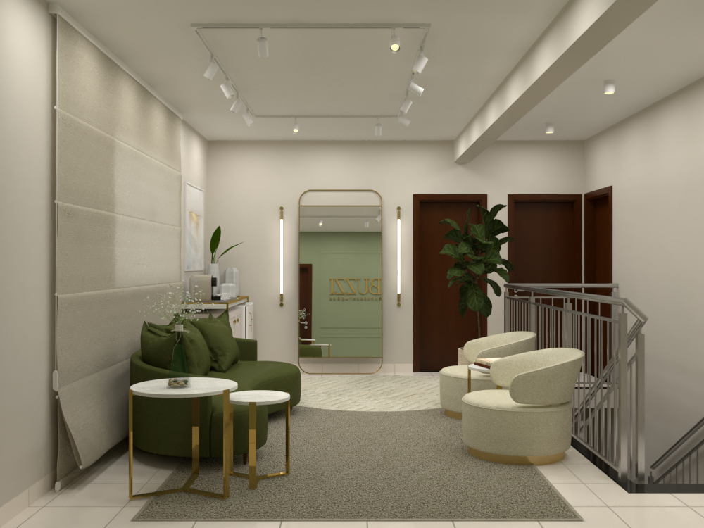 Recepção de espaço comercial com sofá verde, poltronas claras e escada ao fundo