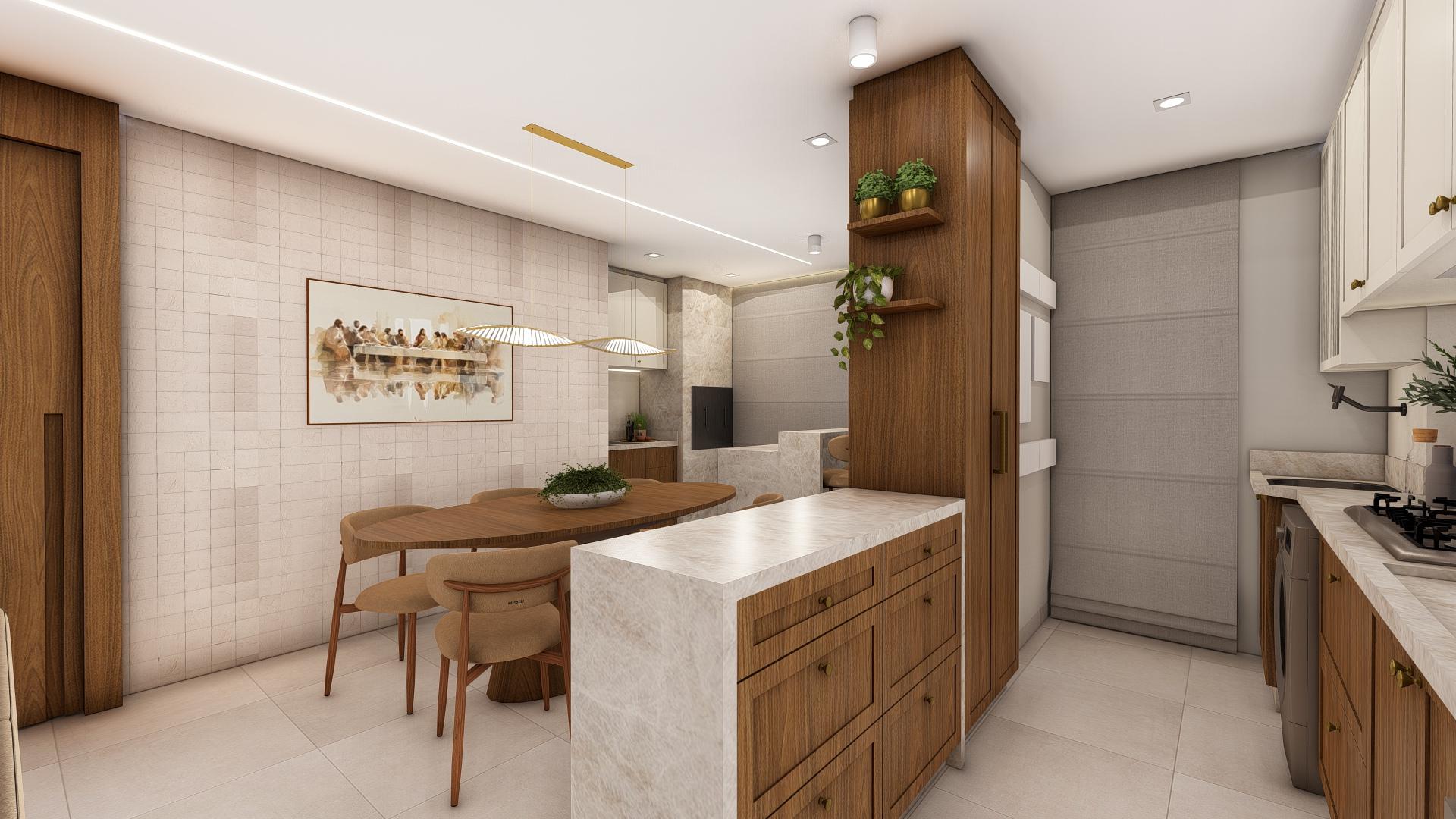 Sala de jantar integrada à cozinha, com madeira, pedra clara e iluminação linear