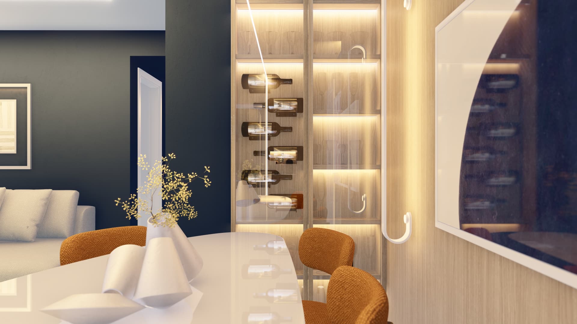 Sala de jantar com cadeiras em terracota, adega iluminada e marcenaria clara