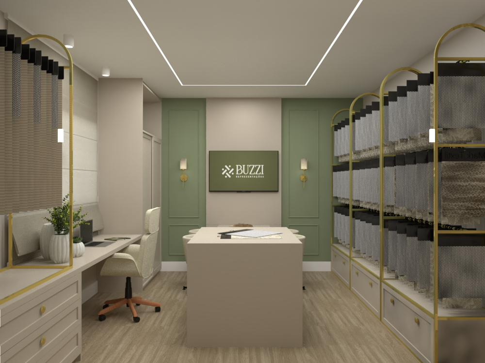 Showroom comercial com mesa central, estantes de amostras e detalhes metálicos dourados