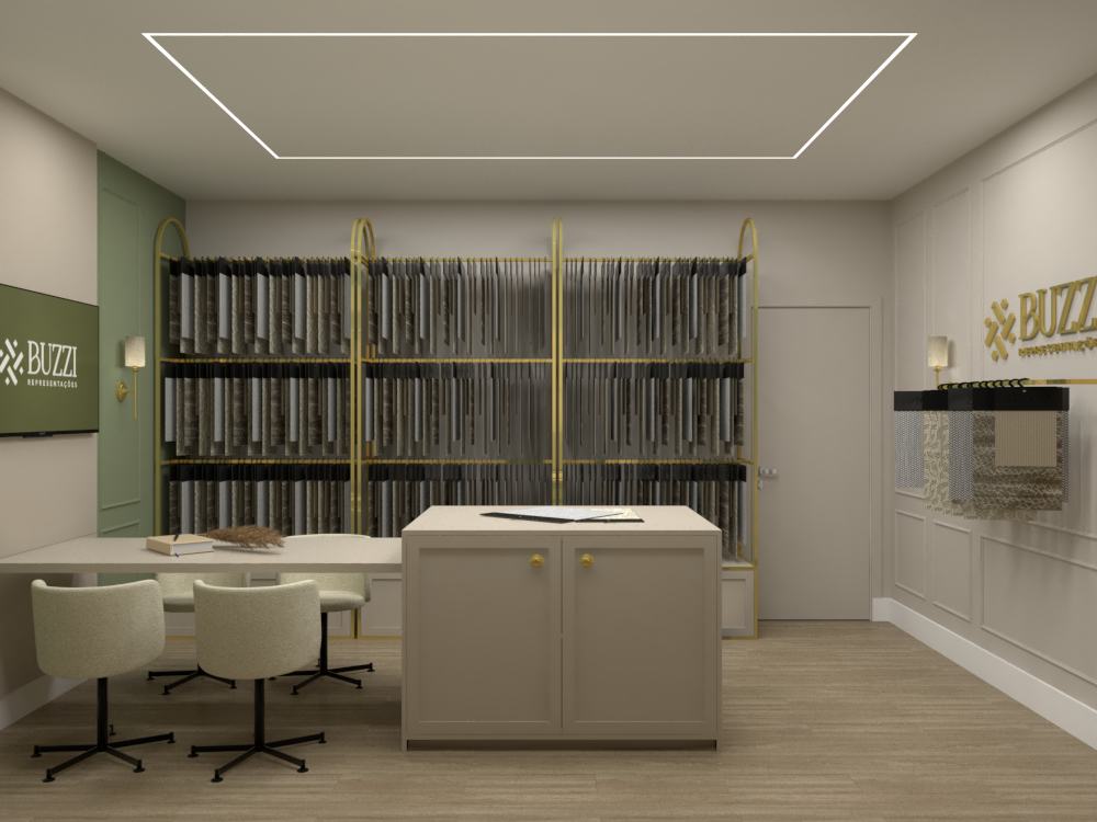 Showroom com grande estante de amostras, ilha central e paredes claras